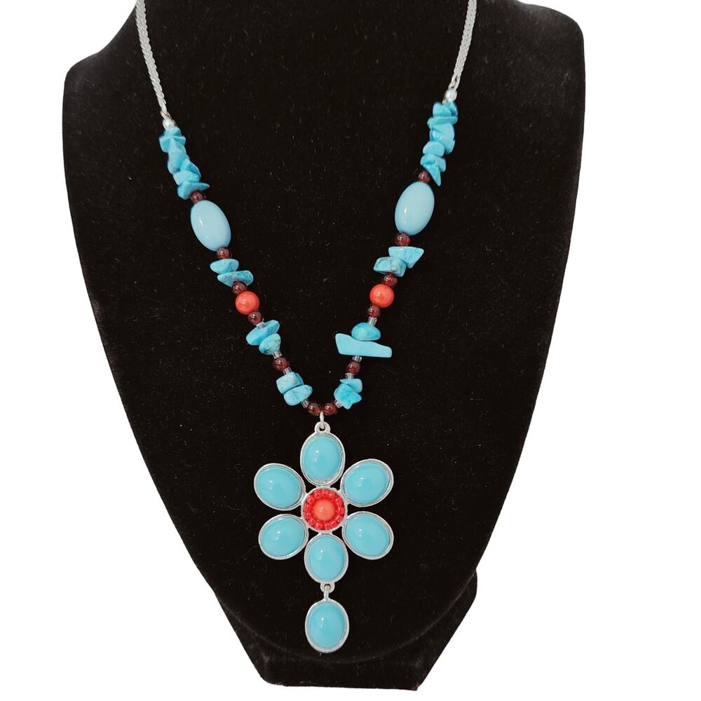 Avon Flower Faux Turquoise Orange Stone Silver tone Necklace Chain Extender